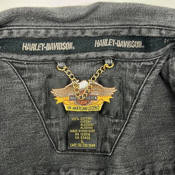 Harley Davidson Black Grey Long Sleeved Denim Logo Patch Shirt Snaps L Large - Picture 8 of 8